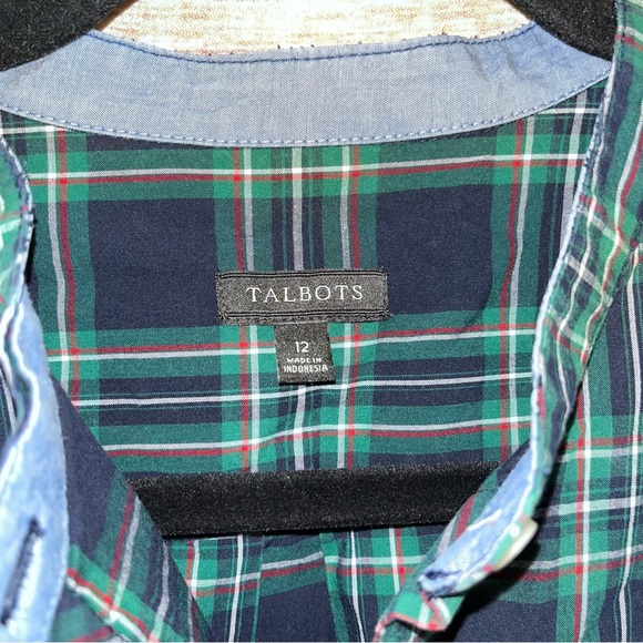 ⭐️ Talbots Plaid Button Up Roll Tab Sleeve Ruffle Front Blouse Size 12 D1 - Picture 5 of 9